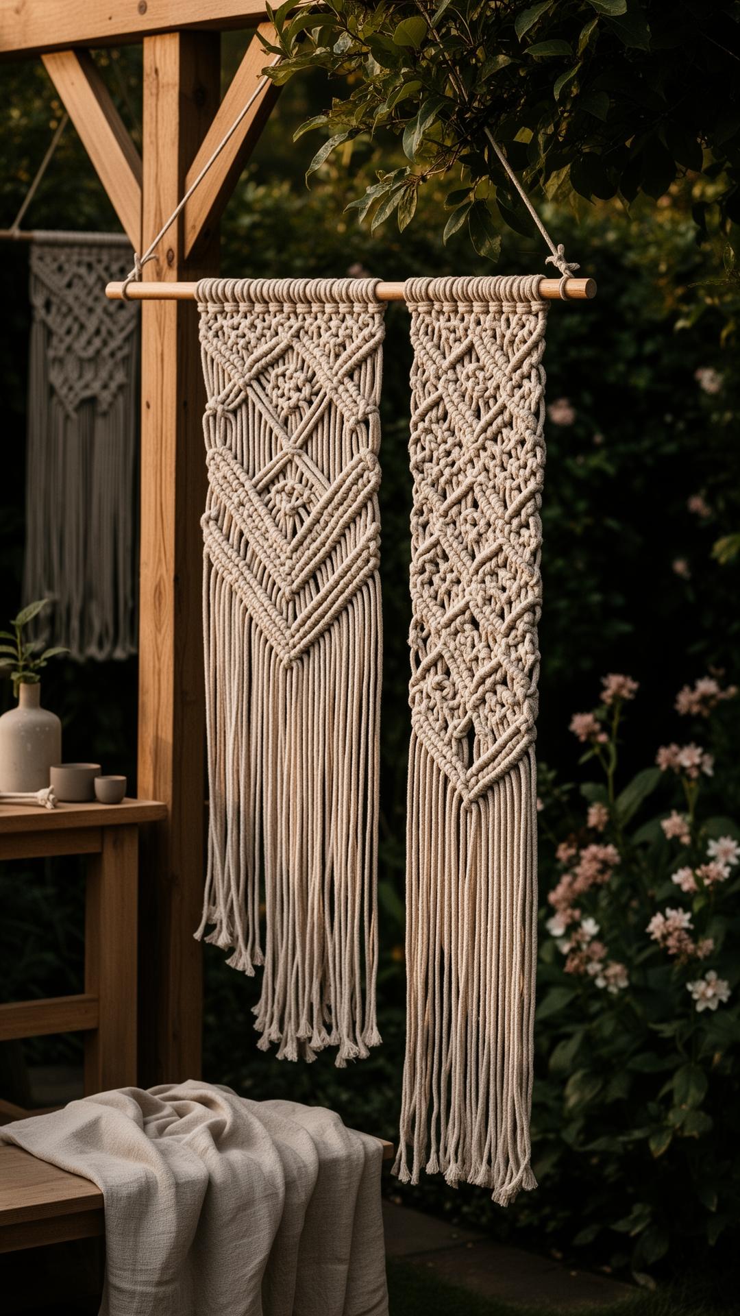 Macramé plantenhangers in een bloeiende tuin